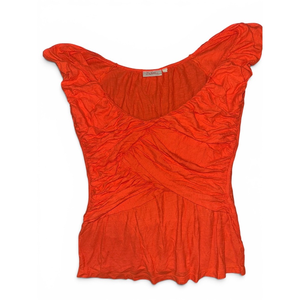 Deletta Anthropologie Orange Ruched Crossover Cap Sleeve Peplum Top Size M